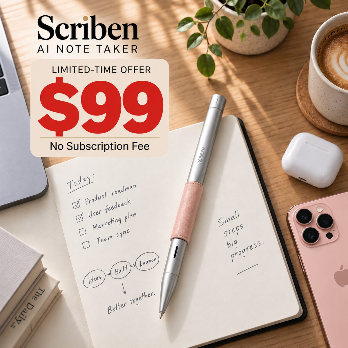 Scriben Lite AI pen with blush leather sleeve