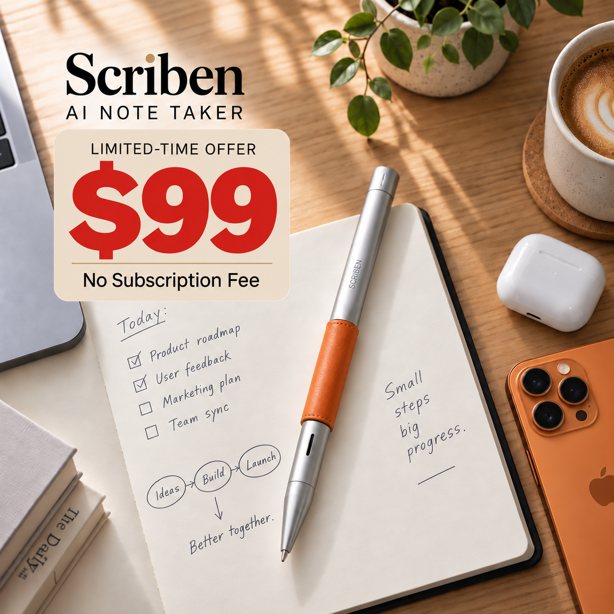 Scriben Lite AI pen with orange leather sleeve