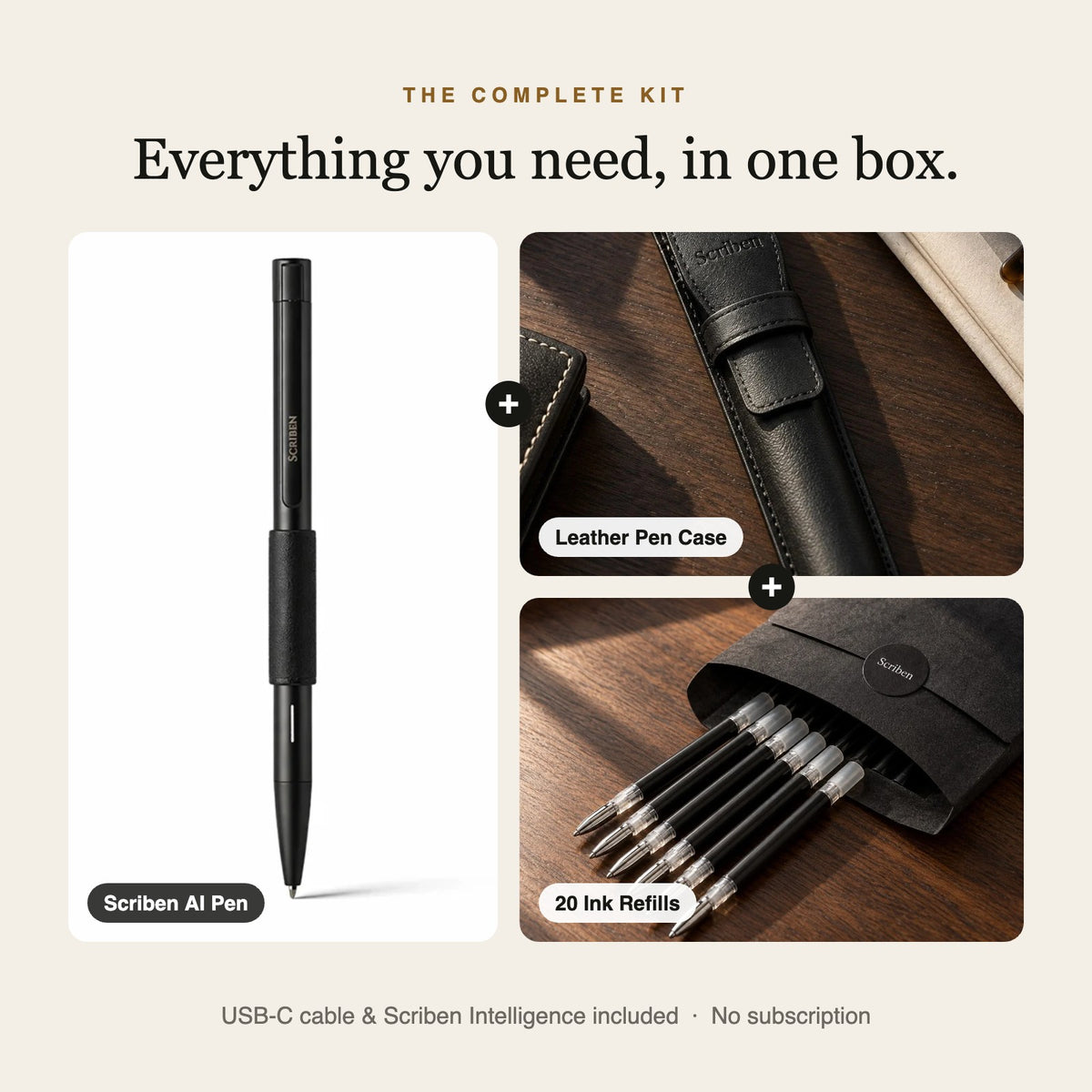 Scriben Complete Kit in black: AI pen, leather pen case and 20 ink refills
