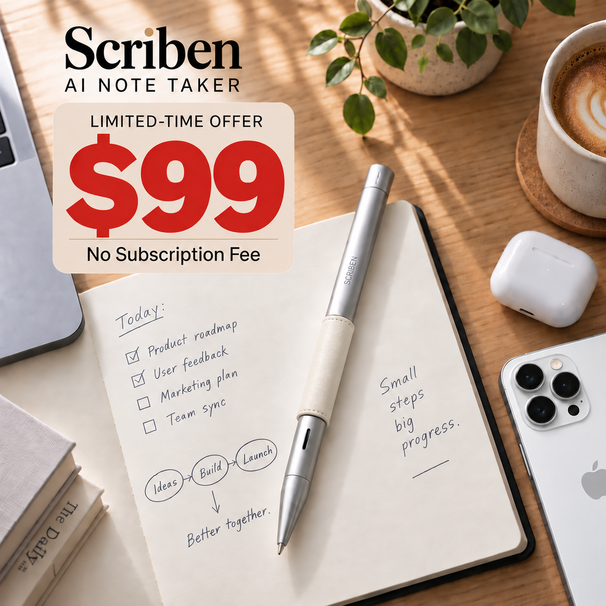 Scriben Lite AI pen with ivory leather sleeve