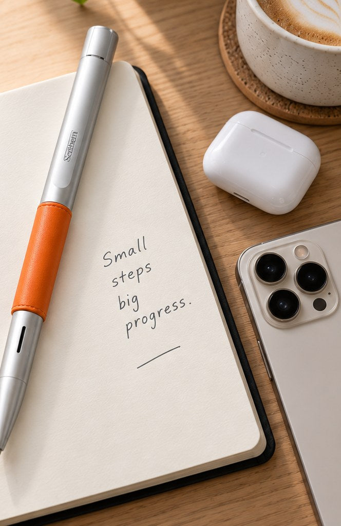 Scriben Lite AI pen with orange leather sleeve on a desk