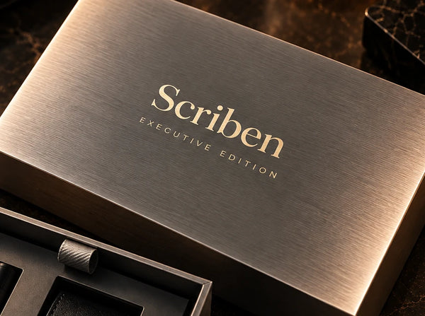 Silver-grey presentation box with a gold-foil Scriben wordmark